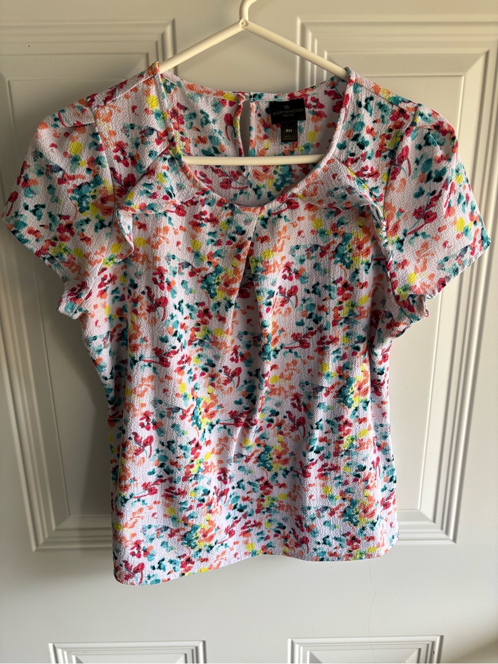 Worthington White Multicolor Floral Short Sleeve Blouse